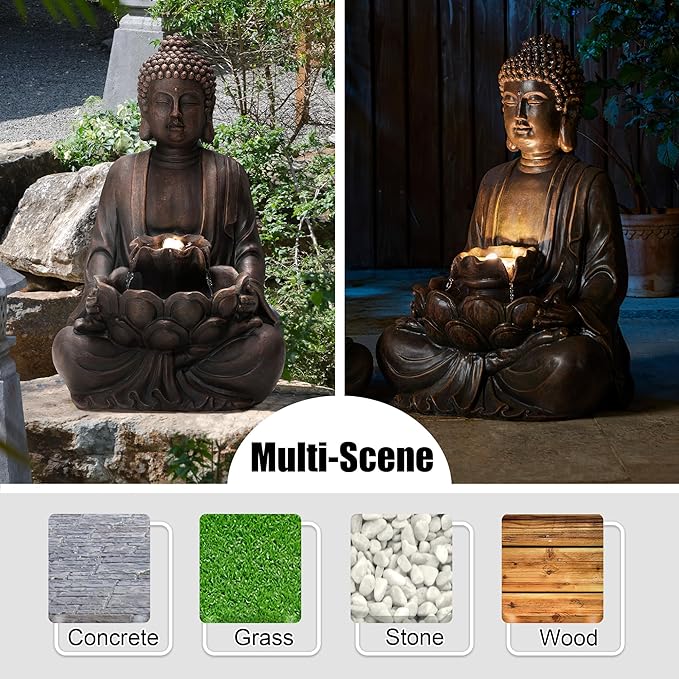 Glitzhome Buddha Fountain with Pump & LED Light, 2 Tier Zen Style Meditating Buddha Water Fountain Outdoor Fountains and Waterfalls Outdoor Buddha Statues for Garden Patio Backyard 28.25" H