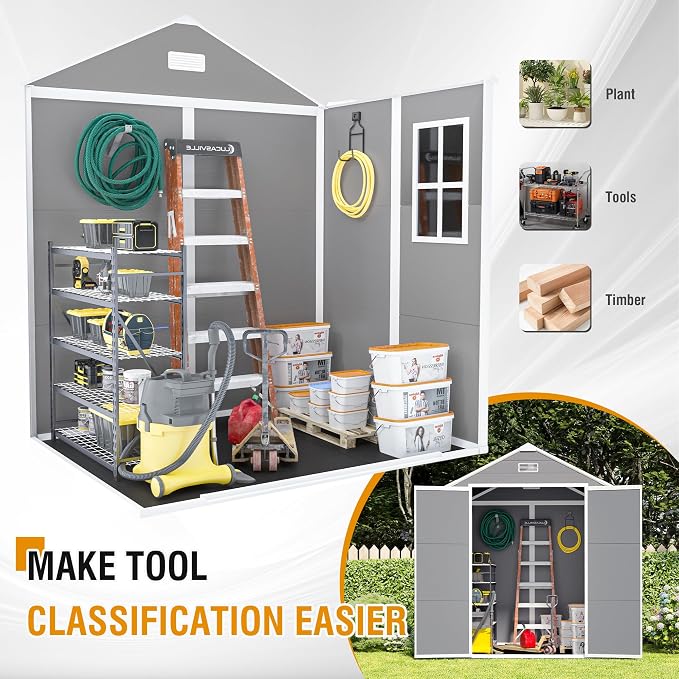YOPTO 6x5 FT Resin Storage Shed,Garden House with Floor & Lockable Door,Waterproof Plastic Tool Sheds W/Slanting Roof Visual Window & Air Vents for Bicycles,Lawnmowers,Lawn,All Weather Use,Gray - Image 5