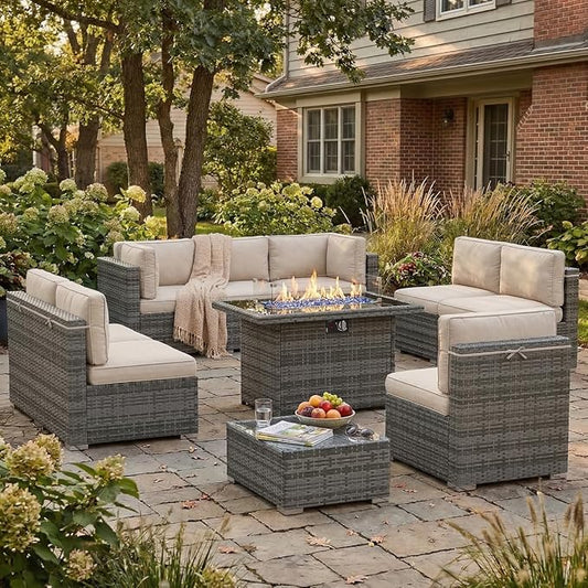 10 Pieces Patio Furniture Set with 44" Propane Gas Fire Pit Table, Outdoor Sectional Wicker Conversation Sofa Sets with Coffee Table