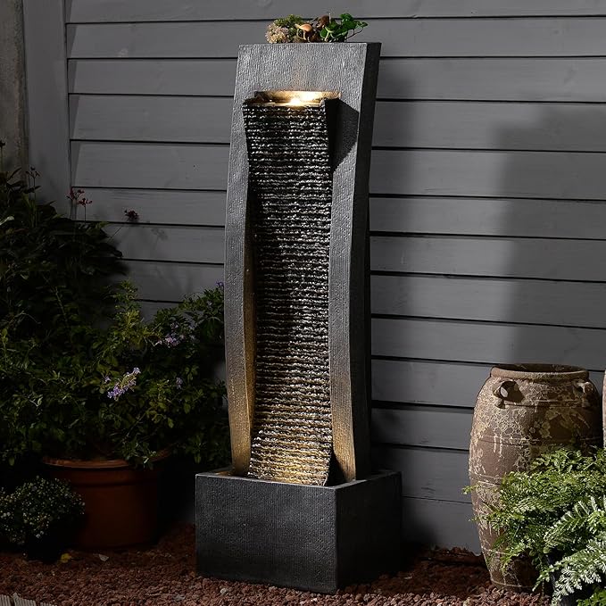 Outdoor Water Fountain, 49.2" Tall Freestanding Fountain with LED Lights & Pump - Curved Faux Slate Waterfall Feature for Garden/Patio/Backyard, Resin Fiberglass Indoor Outdoor Floor Standing Fountain