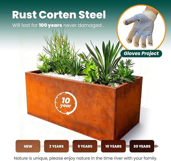 Corten Steel Planter Box Rectangular Planters 32" L x 16" W x 16" H Large Outdoor Planter Metal Planter Box for Tall Plant Trough Rustic for Garden Yard Commercial Residential