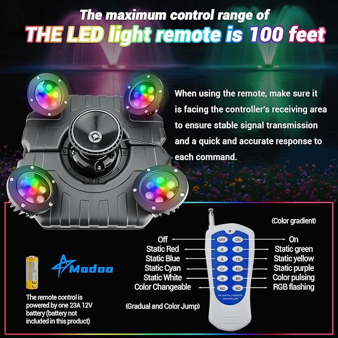 Pond Fountain Aerator with Lights Dynamic RGB Light 1HP 750W Floating Fountain for Pond Lake, 110V 15000 GPH Fully Automatic Stainless Steel Fountain Pump 100Ft Cord with 4 LED Lights and Nail, Rope