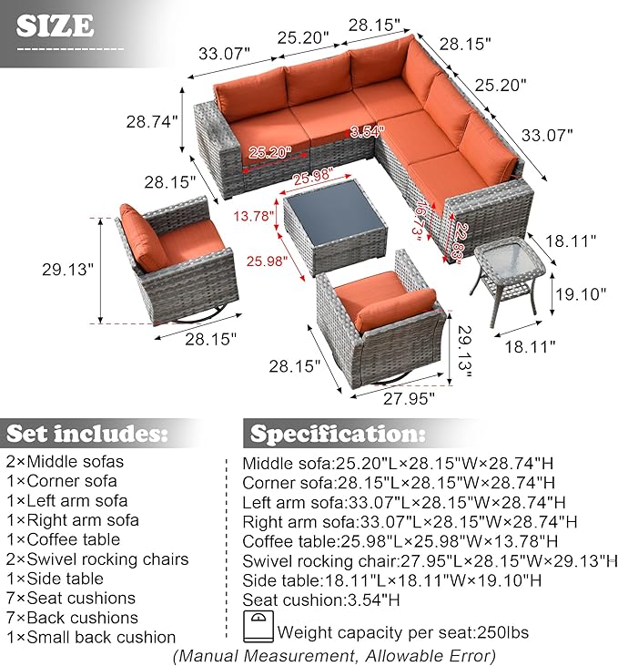 HOOOWOOO 9 Piece Modular Patio Outdoor Sectional Furniture Set with Swivel Rocking Chairs,Wicker Conversation Sofa Set,Outside Couch Set with Wide Arm(Orange Red)