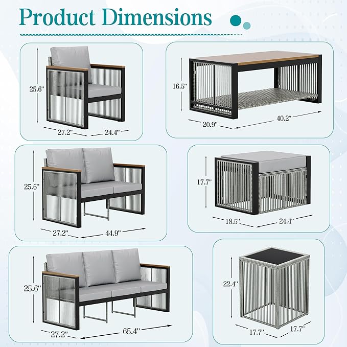 HOMREST Outdoor Patio Furniture Set with Ottomans, 6 Piece Patio Conversation Sets with Coffee Table,2 Ottoman,Coffee Table,Love Seat for Porch, Balcony, Deck, Yard(Grey)