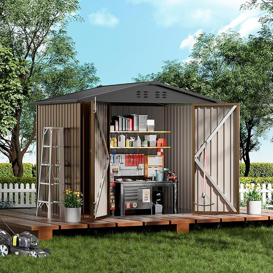 COMHOMA Shed Outdoor Storage Shed Metal,Lockable Doors Tool Sheds with Sloping Roof,Steel Garden Shed with Air Vent for Backyard,Patio,Lawn,Poolside(Brown,8'x6') by ComHoma