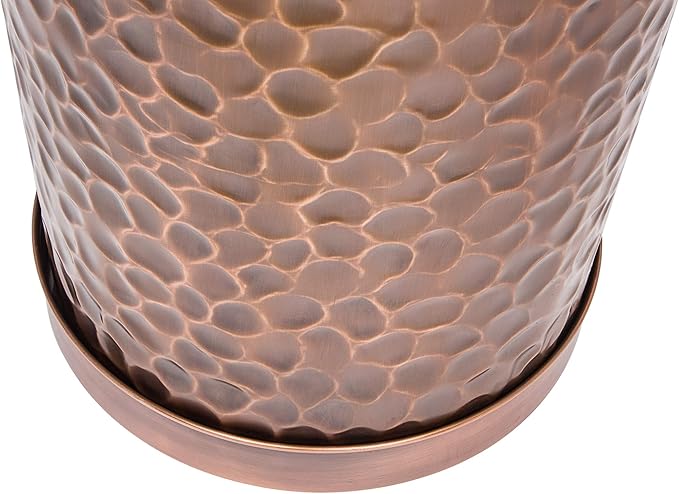 H Potter Tall Copper Planter Indoor Outdoor – 28” Antique Copper Hammered Metal Garden Planter with Insert & Drainage, Includes Drip Tray – Large Decorative Floor Planter for Entryway, Porch, Patio