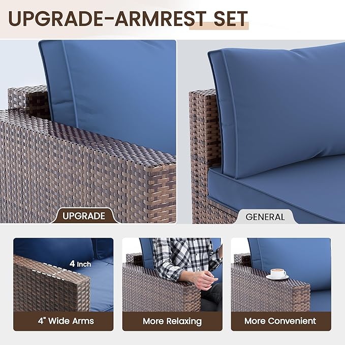Patio Furniture Set,5 Piece Wide Armrest Outdoor Furniture Chair with 4" Thickened Cushion,Wicker Patio Conversation Sets with Waterproof Covers for Backyard, Porch(Navy Blue)