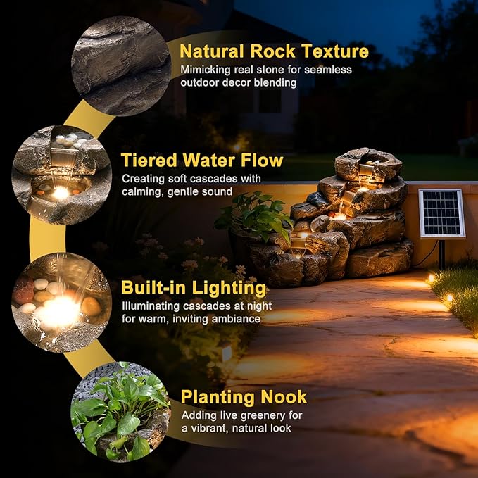 38.2" L Solar Water Fountain Outdoor Garden 5 Tiers Floor Standing Rock Natural Waterfall Outdoor Fountains with LED Lights and Planting Pot for Patio, Porch,Backyard,Home Art Decor