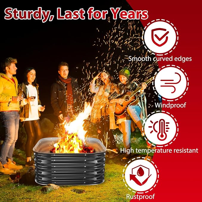 Height 16.5 Inch, Square Galvanized Steel Fire Pit for Outside, Heavy Duty Steel Fire Pit In-Ground for Backyard, Camping, Bonfire, Flower Raised Garden Bed for Garden (2.3x2.3x1.5ft) - Image 4