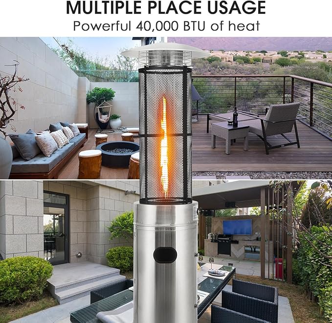 Giantex Propane Patio Heater, Floor-Standing Electric Heater w/Wheels, Dancing Flame, Quartz Glass Tube, Stainless Steel, Round Space Heater, Outdoor Heaters for Backyard, Balcony, BBQ Party, Silver