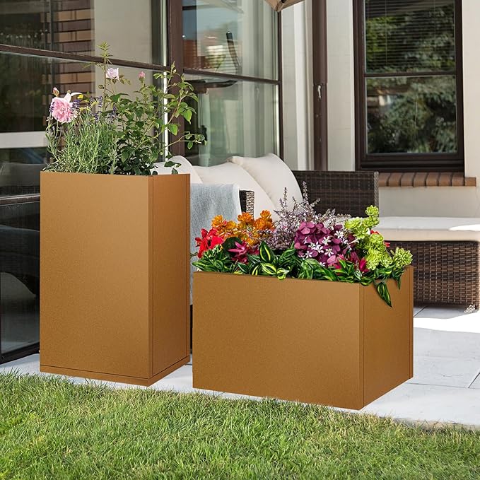 28"x12"x28" Corten Steel Planter Box, Rustic Metal Planter with Drainage Holes, Rust & Weather Resistant for Patio Garden Indoor Outdoor Commercial Use