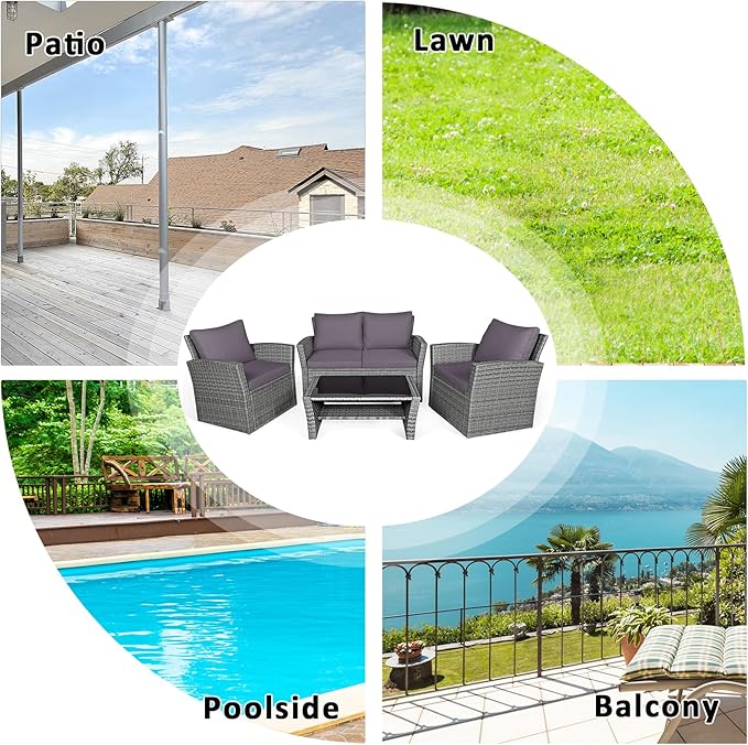 COSTWAY 4 Pieces Patio Rattan Furniture Set, Outdoor Wicker Sofa Set with Tempered Glass Coffee Table, Cushions, All Weather Rattan Conversation Set for Yard Balcony Backyard Pool (Grey)