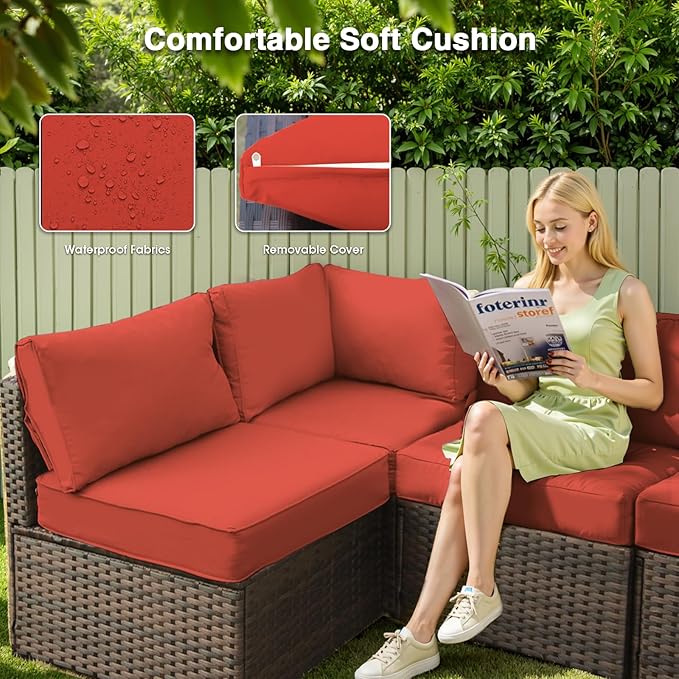 11 Piece Patio Furniture Set with Fire Pit Table, Outdoor Sectional Sofa PE Rattan, Patio Conversation Sets with Cushions for Garden Lawn Balcony Porch Deck Red