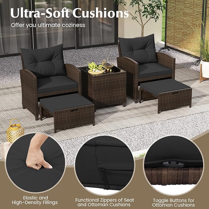 KOTEK 5 Pieces Patio Furniture Set with Ottomans, Wicker Patio Conversation Set with Coffee Table & Cushions, PE Rattan Outdoor Lounge Chairs for Backyard, Porch, Poolside (Mix Brown- Black)