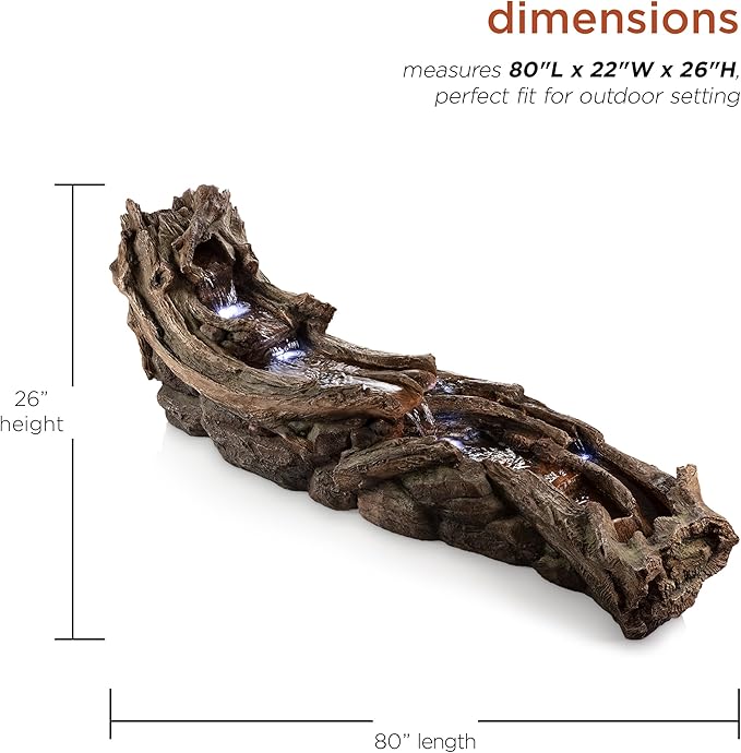 Alpine Corporation 80" Long Indoor/Outdoor Wood River Log Water Fountain with LED Lights, Cascading Natural Water Feature for Gardens, Patios, Yards, and Outdoor Decor, Brown and Gray
