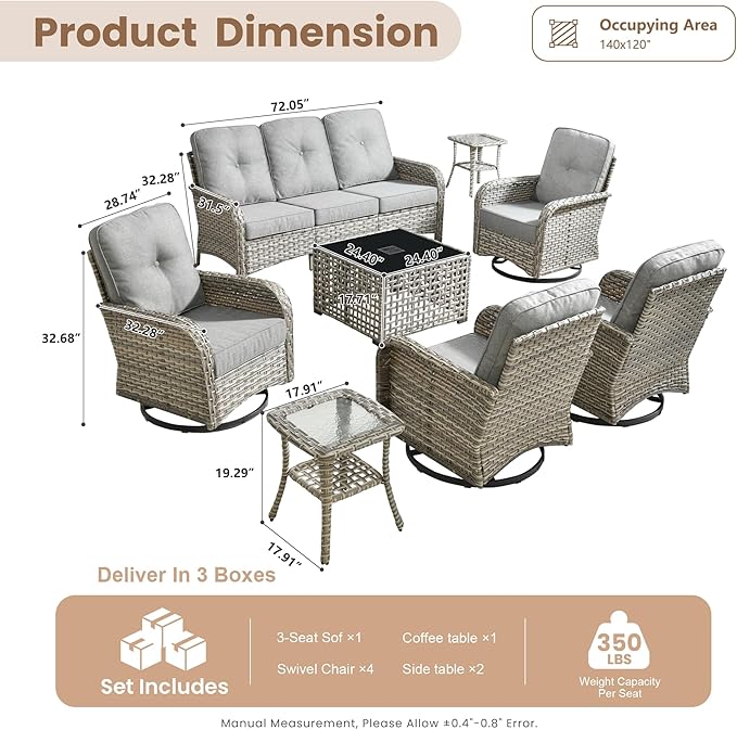 HOOOWOOO Outdoor Patio Furniture Set with Light Table,8 Pieces Wicker Conversation Set,All Weather High Back Couch Sofa Swivel Chairs Set,Charcoal Gray