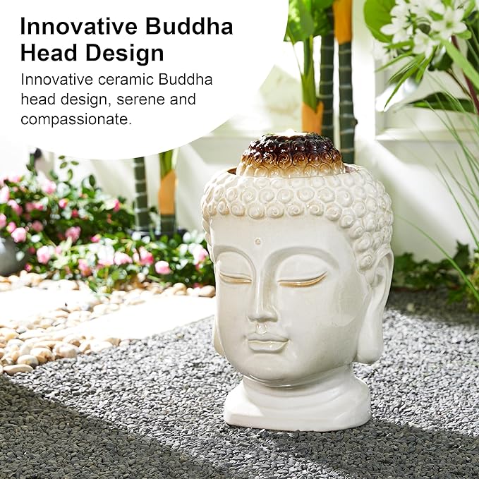Glitzhome Buddha Head Ceramic Outdoor Fountain with LED Lights, Zen-Style Outdoor Water Fountains for Porch Deck Garden Patio Backyard, Sand Beige Textured Glaze Floor Table Water Fountain, 18.75" H