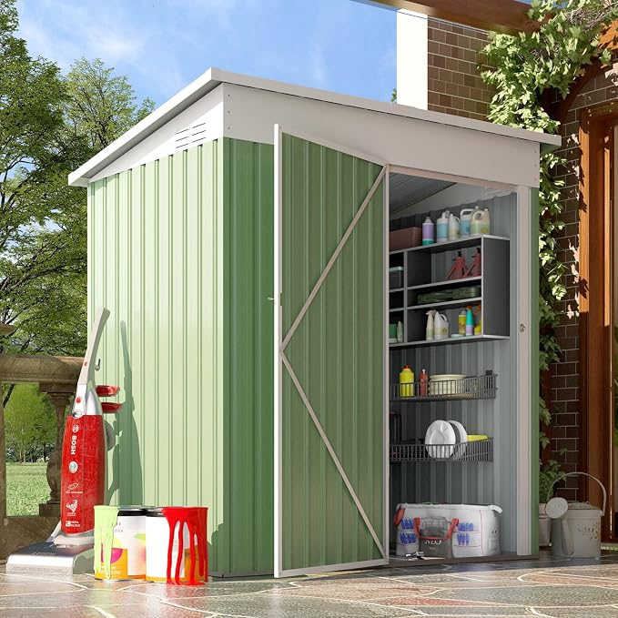 AECOJOY 5' x 3' Outdoor Storage Shed, Small 3x5 Metal Sheds & Outdoor Storage Clearance with Lockable Door, Utility and Tool Storage Cabinet Garden Shed for Backyard, Patio, Outside use in Green - Image 7