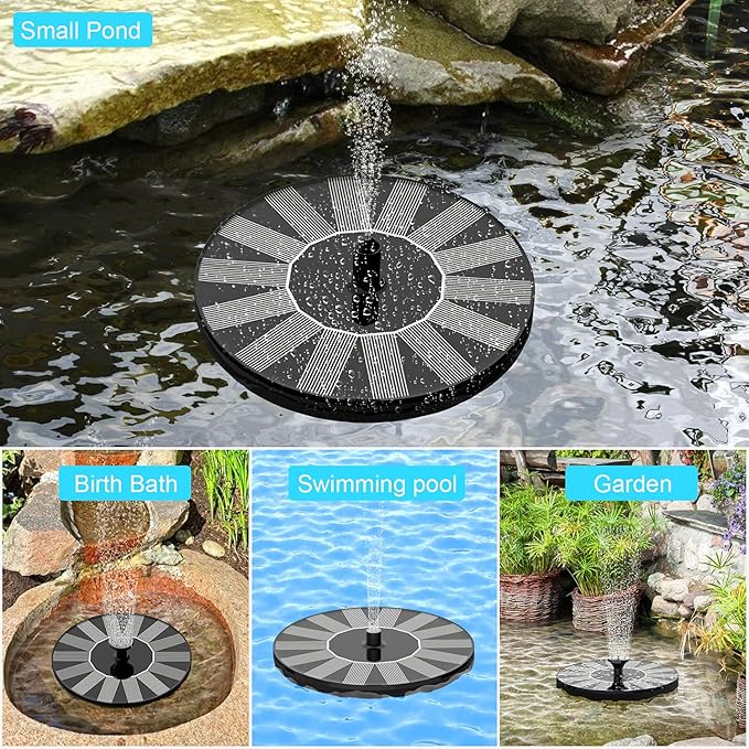 Solar Water Fountains,Solar Powered Bird Bath Fountain with 6 Nozzles - Free Standing Floating Solar Fountains for Bird Bath, Garden, Pond, Pool (Black-1W)