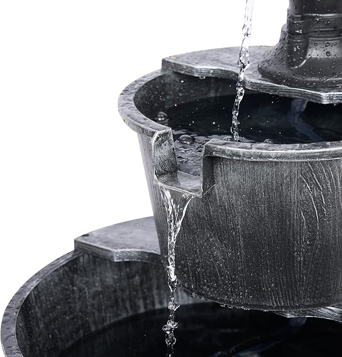 Alpine Corporation 27" Tall Rustic Outdoor 2-Tier Barrel Pump Water Fountain with Soothing Cascading Water Flow for Patio, Yard, Porch, or Landscape, Gray