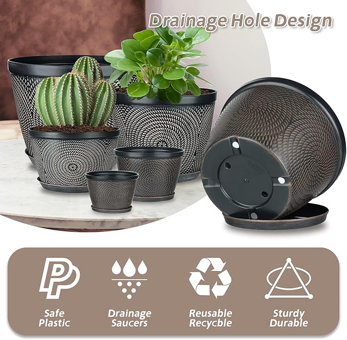Quarut 4 Pack 8 Inch Flower Pots for Outdoor Indoor, Plastic Plant Pots with Drainage Hole & Saucer, Lightweight Small Flower Pot, Circle Pattern Planters for Garden House planters（Brown）