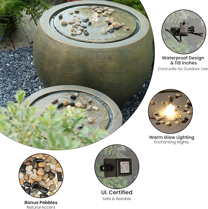 Garden Water Fountain Outdoor Large Round Bubbler Water Feature Indoor with Lights & Pump and Pebbles Concrete Effect for Patio Pool Pond Yard Home Decor Gold, 25 "L X 25" W X 17.5" H