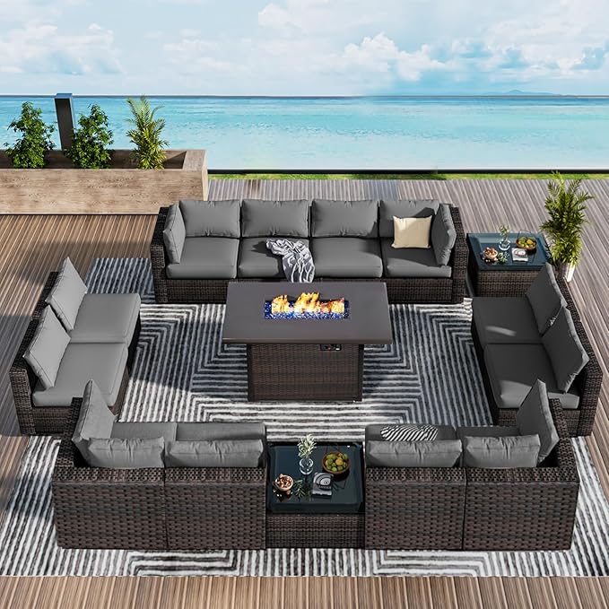 15 Piece Patio Furniture Set with 44" Fire Pit Table, Outdoor Sectional Couch, PE Rattan Patio Conversation Sets with 4inch Cushions for Backyard Grey