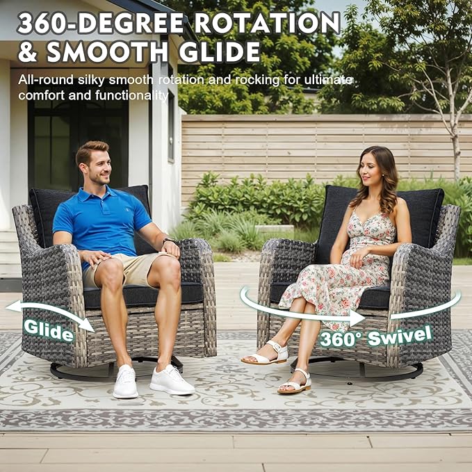 MEISSALIVVE 3 Pieces Patio Furniture Set with Swivel Chair, Outdoor Swivel Rocker with Washable Cushions & Tempered Glass Tabletop, Outdoor Rattan Conversation Set for Lawn Backyard Porch (Black)