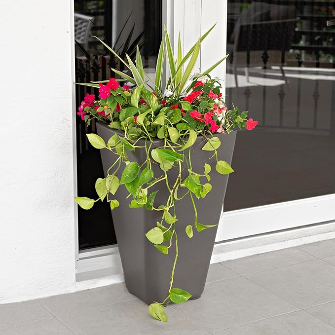 Step2 Bridgeview Tall Square Planter, Large Planters for Outdoor Plants, Gardening and Flower Pot for Patio or Porch, Efficient Drainage, Durable Plastic, Dark Cedar, 2-Pack