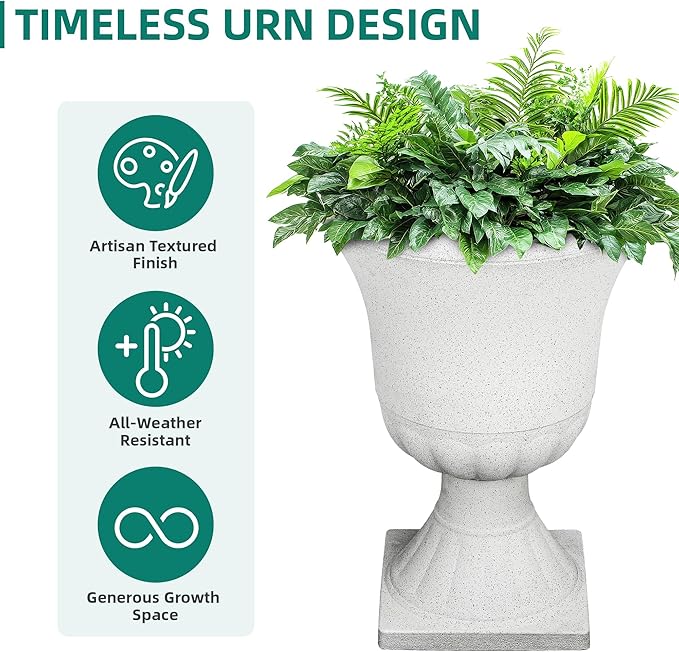 22" H Urn Tall Planters, 2-Pack Large Flower Pots for Indoor Outdoor Use, Elegant White Terrazzo Weather-Resistant Pot Containers for Garden Patio Yard Balcony Entryway or Home Décor, KD Base