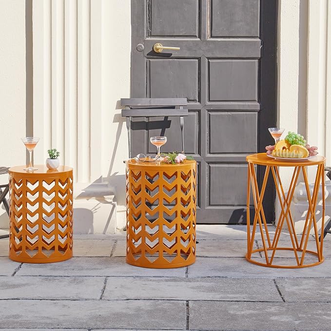 Y&M Set of 3 Metal Round Table, Coffee Table End Table for Indoor Outdoor Multifunctional Use, Heavy Duty Metal Plant Stand Decorative Garden Stool- Orange - Image 5