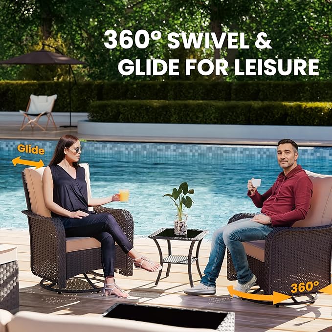 11 Pieces Outdoor Patio Furniture Set,Outdoor Sectional Furniture with 45" 55000 BTU Gas Propane Fire Pit Table,PE Rattan Wicker Patio Conversation Set,Swivel Rocking Chairs Set,Sand