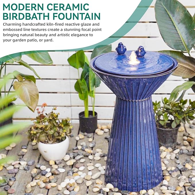 28" Tall Ceramic Outdoor Fountain and Waterfalls, Patio Fountain with LEDs, Birdbath for Outside, Soothing Water Feature for Relaxing Front Porch, Garden, Backyard, Cobalt Blue, 2KD Birds