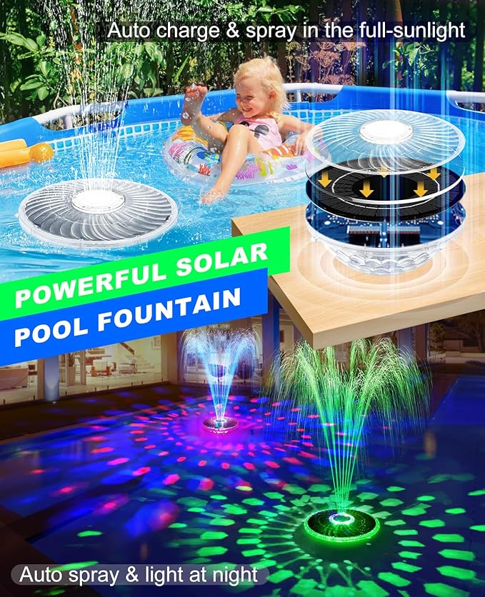 Solar Pool Fountain with Light Show,2026 Upgraded Large Solar Pool Water Fountain,Floating Pool Fountain for Above Ground Pool,Solar Floating Fountain Pump for Pool (Gray)-1PK