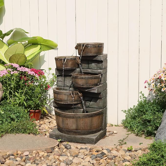 25.59" H Outdoor Water Fountain with LED Lights, 4-Tier Cascading Waterfall Fountain, Rustic Wood Barrel Resin Outdoor Water Fountain for Garden Patio Backyard Porch Indoor Decor