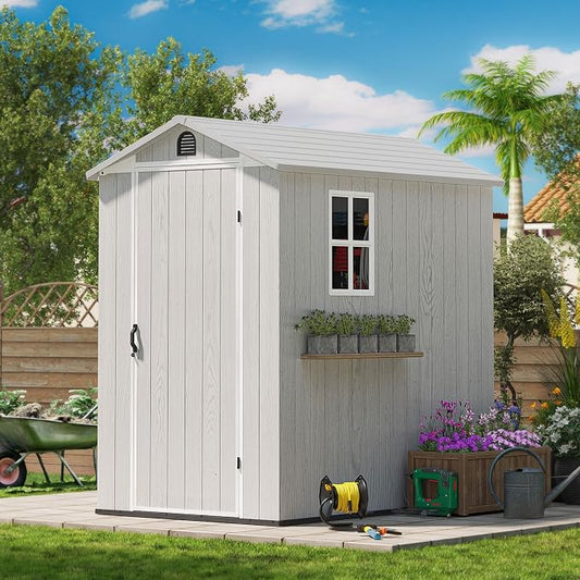 Patiowell 4 x 6 FT Plastic Outdoor Storage Shed with Floor, Resin Shed Outside Tool Shed with Window and Lockable Door for Backyard Garden Patio Lawn, Light Gray (Fit-it Shed) by Patiowell