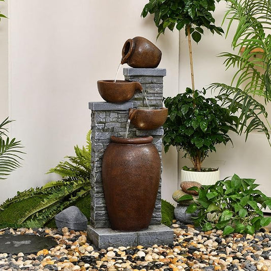 42.52" Outdoor Garden Water Fountain with Lights 4 Tiers Cascading Large Waterfall Floor Standing Fountain for Patio, Backyard, Deck, Porch and Home Art Decor
