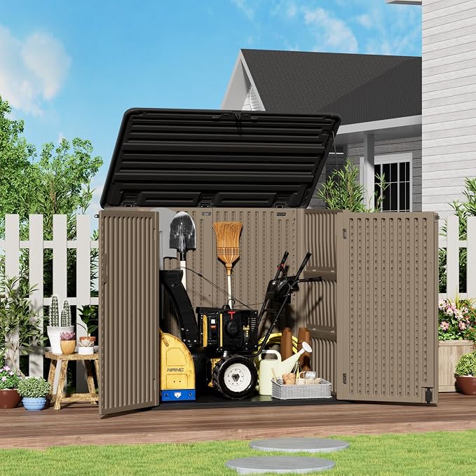 ZZM Large Outdoor Storage Shed, 48 Cu Ft Resin Versatile Storage Cabinet for Patio Accessories, Trash Cans & Garden Tools, Durable Horizontal Storage Box with Lockable Lid (Coffee) - Image 3
