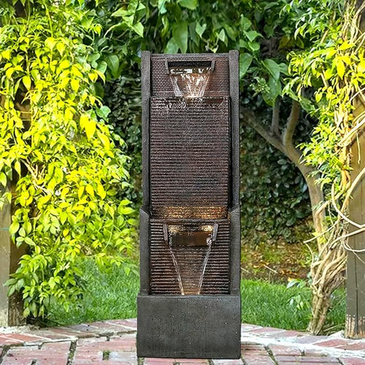 Modern Outdoor Garden Waterfalls Fountains and Indoor Floor Water Fountain with LED Lights Fountain Outdoor Garden for Office,House, Patio, Backyard, and Home Art Decor Dark Brown