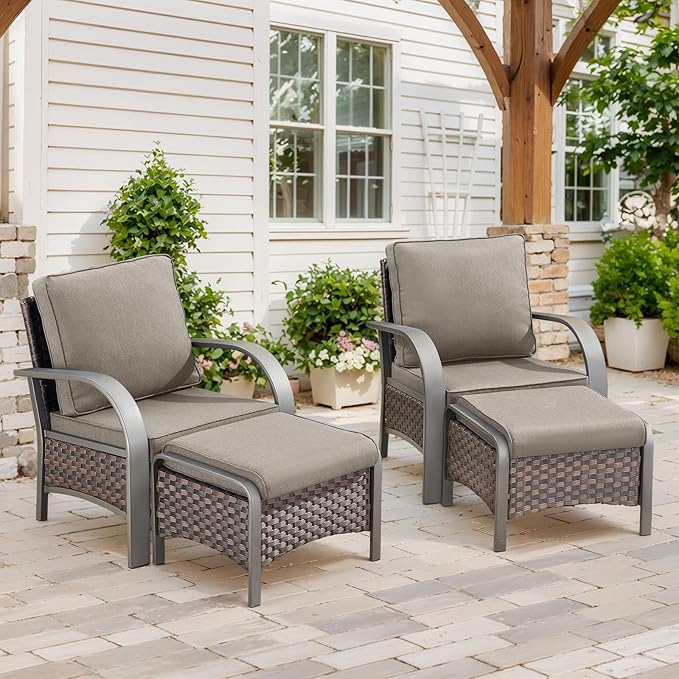 Belord 4 Pieces Wicker Patio Furniture Set Outdoor Patio Chairs with Ottomans All Weather Rattan Outdoor High Back Deep Seating Furniture for Porch Deck Sunroom Backyard