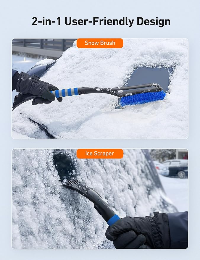 AstroAI 27" Snow Brush and Ice Scrapers for Car Windshield, Detachable Snow Scrapers with Ergonomic Foam Grip for Cars, Trucks, SUVs (Heavy Duty ABS, PVC Brush, Blue) - Image 2