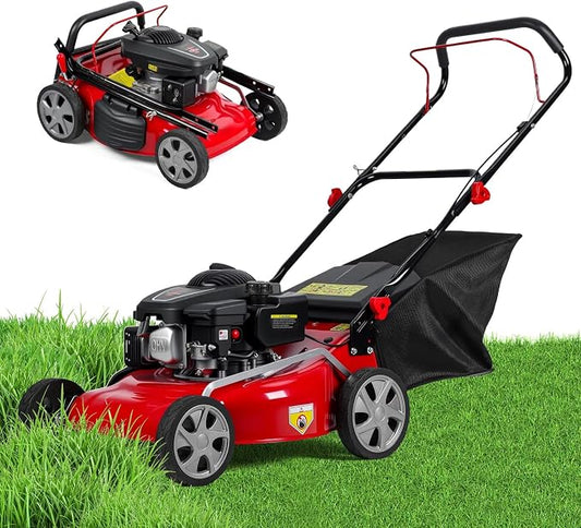 131CC Self Propelled Gas Lawn Mower[Foldable] - Easy to Start, 3 in 1 Multi Functional Gas Powered Push Lawn Mower with 50L Grass Tank for Yard Garden, Self-Propelled Rear Wheel System, 18 Inch Red by Smalibal