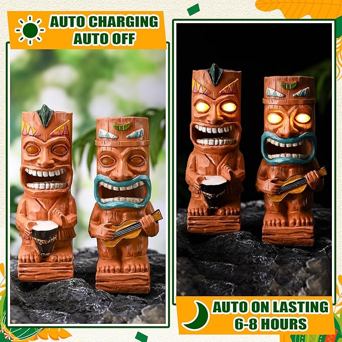 Suzile 2 Pcs Solar Tiki Statues for Outdoor Decor 9.84 Inch Tiki Bar Decorations Statues with Flickering Eyes LED Light Solar Sculpture Decor for Bar Lawn Yard Garden Gifts