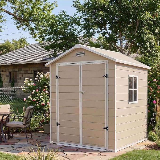 Resin Outdoor Storage Sheds 4x6 ft, Upgraded Double-Wall Outdoor Plastic Shed with Window & Double Doors, Waterproof Lockable Garden Shed (Light Brown, 6 X 4 ft) by Unknown