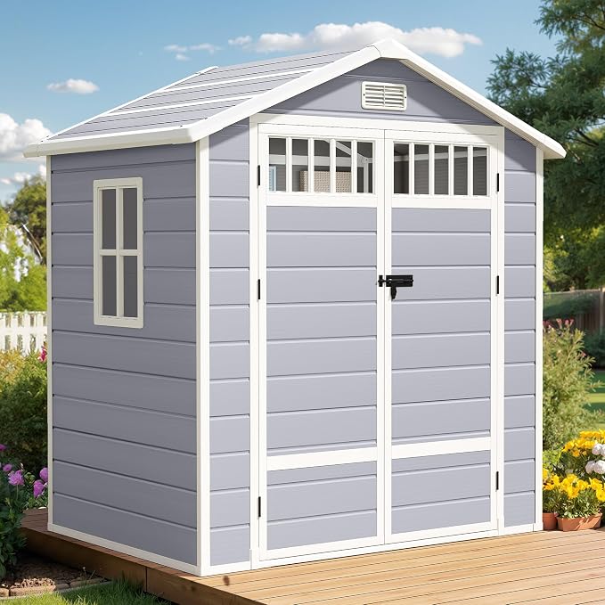 DWVO 6x4.4 FT Resin Storage Shed with Fence-Style and Side Windows, Lockable Door, and Vents for Garden, Backyard, Patio, Lawn, Gray by DWVO
