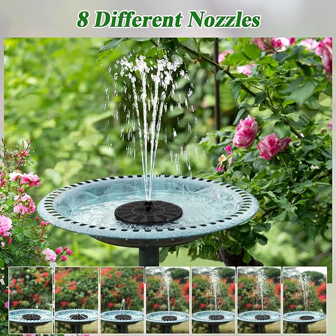Solar Fountain 100% Glass Covered, Solar Powered Hummingbird Water Fountain, Outdoor Bird Bath Fountain Pump with 8 Nozzles & 4 Fixers for Garden, Pond, Pool, Fish Tank Decoration