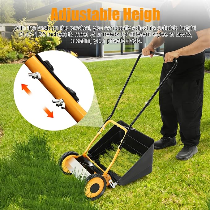 14Inch Manual Lawn Mower, 4-Blade Manual Reel Push Behind Machine, Walk-Behind Mowers Outdoor Equipment with Grass Catcher Bag for Green Lawns Driveways & Courtyards - Image 6