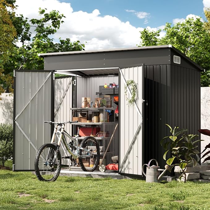 Outdoor Storage Shed, Metal Garden Tool Shed with Sloping Roof & Lockable Door for Patio Lawn Backyard (Brown, 10x8FT) - Image 5