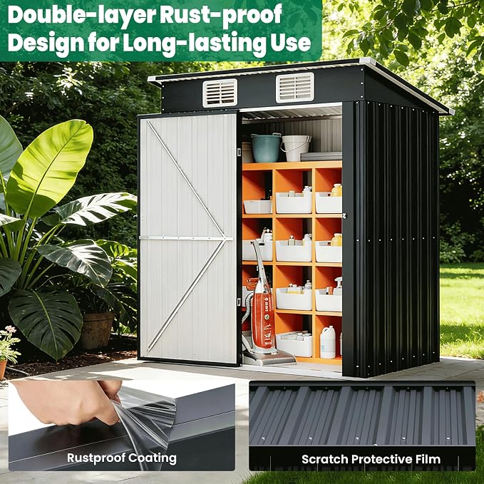 5x3 FT Outdoor Storage Shed, Weatherproof Garden Shed with Lockable Double Doors, Sloped Roof & Ventilation for Backyard, Patio, Poolside - Image 5