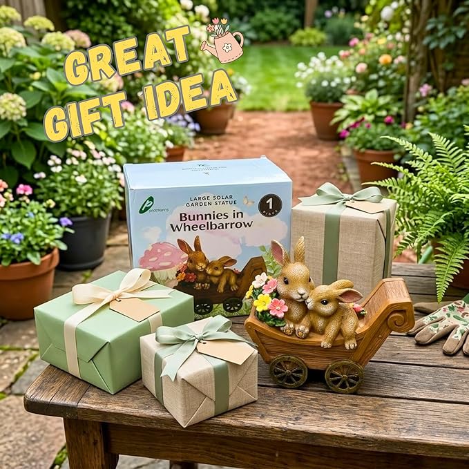 PRETMANNS Solar Rabbit Garden Statue - Mother & Baby Bunny Outdoor Decor with LED Lights for Patio, Yard Ornaments & Gifts for Women & Mom - Large